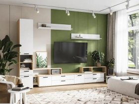 Модульная стенка Санса (дуб сонома/белый) в Лебедёвке - lebedyovka.mebel-nsk.ru | фото